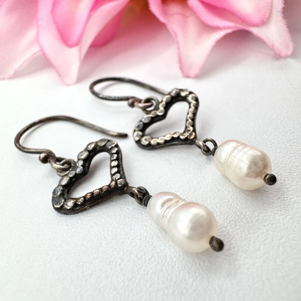 Pendientes colgantes delicados de plata de ley 925 con gota de perlas de corazón abierto San Valentín dulces Foto 2 de 4