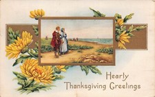 Antique Thanksgiving Embossed Pilgrim Homestead c1914 Couple Vtg Postcard N9