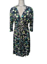 SALAAM Blue Green Geometric Print Twist Front 3/4 Sleeve Midi Dress Size XL NWT