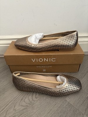Vionic Orinda Damen-Ballerinas goldfarben perforiert Slipper Größe UK 5 neu im Karton