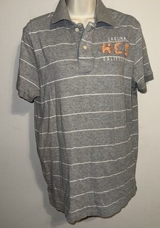 Polo vintage Y2K grigia a righe scollo con bottoni Hollister ragazzo taglia large