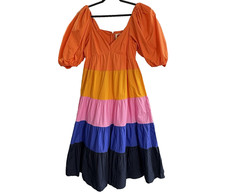 FARM RIO Anthropologie Women Tiered Colorblock Maxi Dress Sz SP Puff Sleeve 34-8
