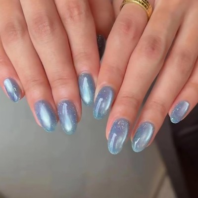 Tyuimhx Blue Cat Eye Press on Nails Medium Oval Fake Nails Glitter False Nail...