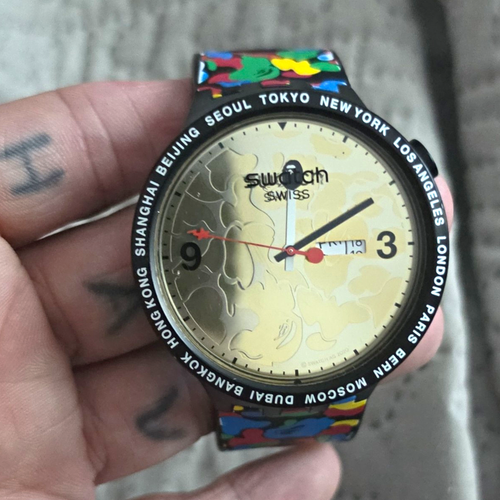 Swatch x BAPE SUOZ299 Quartz Day/Date 42mm Black Plastic Wristwatch | eBay