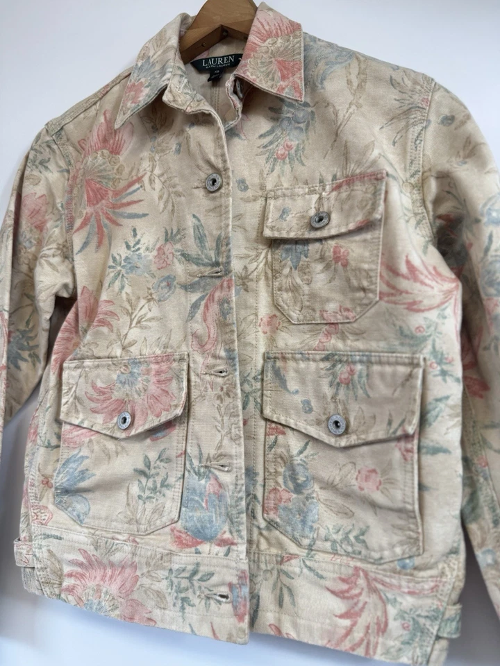 Винтажный Lauren Ralph Lauren джинсовой ткани куртка женщин XSmall желтовато-коричневый цветочный коттедж сарая Y2K - Изображение 3 из 4