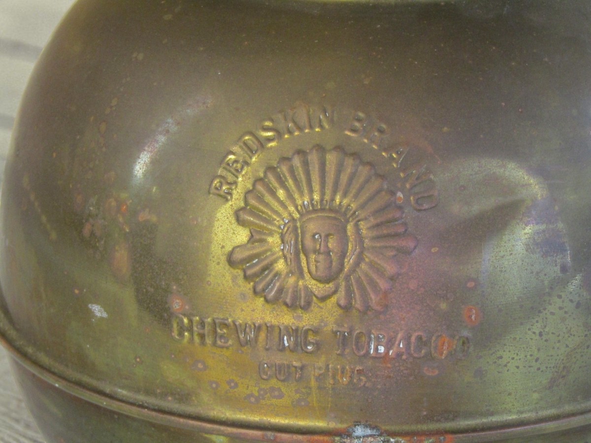 redskin chewing tobacco history Vintage Redskin Brand Chewing Tobacco Cut Plug Brass Spittoon Original  Patina