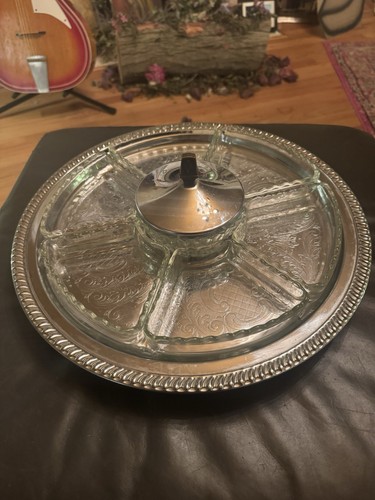 Irvinware Lazy Susan Original Vintage Chrome And Glass Service 15x2 Inch-USA