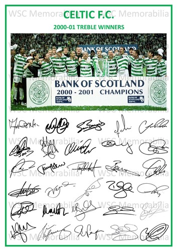 12846. 2000-01 Glasgow Celtic Signed Team Photo Sheet (PRINTED AUTOS) Treble Win