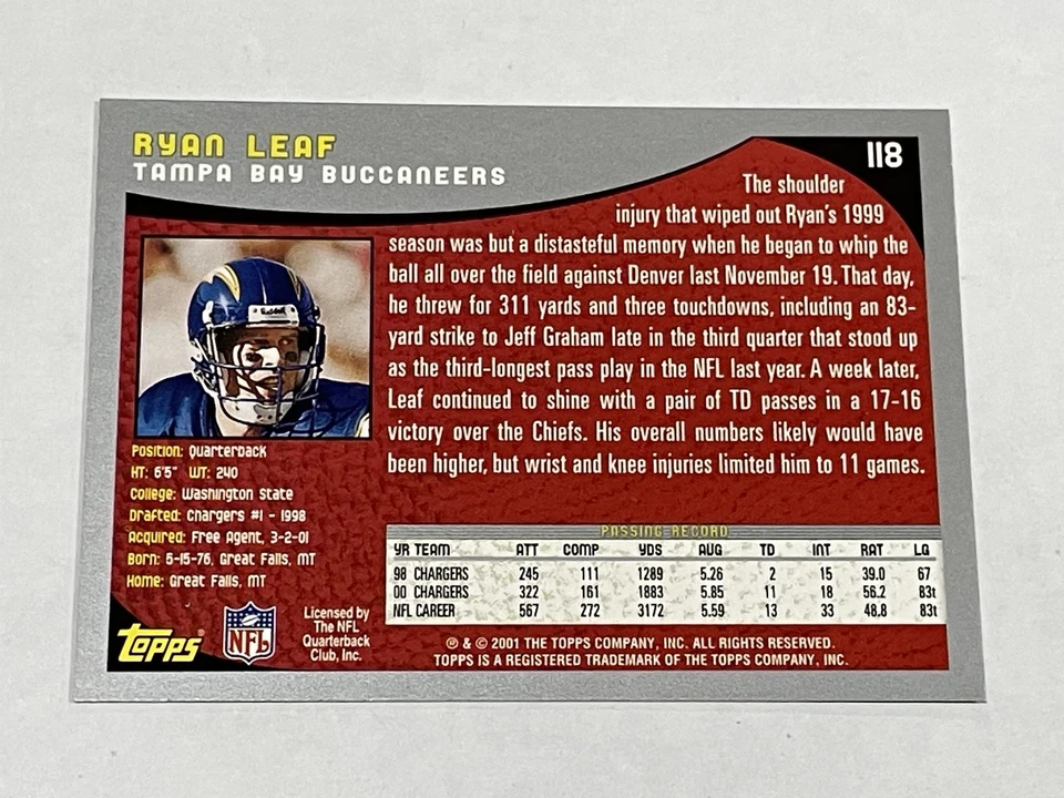 2001 Topps Football #118 - Ryan Leaf - Tampa Bay Buccaneers - Image 2 of 2