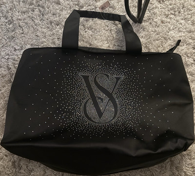 Victoria's Secret Black Rhinestone Logo Large Tote Bag Lightweight Zip