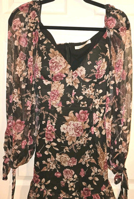 Saints + Secrets Black Floral Dress Size Medium Tie Waist Sheer Long Sleeve Nice