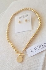 🌟Lauren Ralph Lauren Gold-tone Beaded Padlock Necklace and Earrings Set