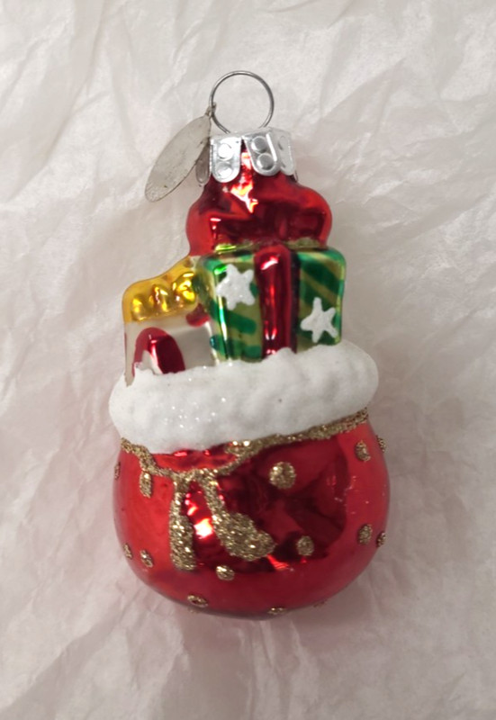 Christopher Radko "Celebrations" Glass Christmas Ornament Red Sack Bag Gifts 3"