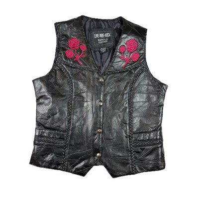 LIVE-RIDE-ROCK Buffalo Leather Vest Med Black Patchwork Rose Embroidered Biker