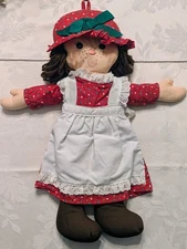 VTG 1982 Hallmark Christmas Cloth Rag Doll 17" Red Dress Hat Apron Brown Hair