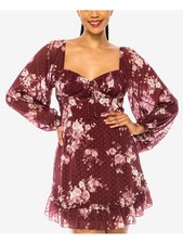 B DARLIN Womens Fit + Flare Short Dress Burgundy Long Sleeve Lined Juniors 0