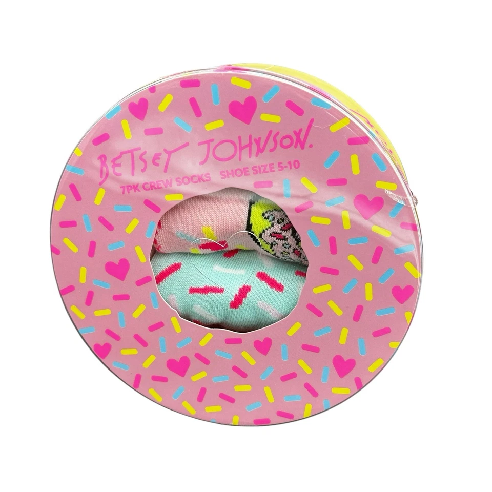 Betsey Johnson Crew Calcetines Donut Temático Paquete 7 Caramelo Rosa Novedad NI Caja de Regalo 5-10 Foto 2 de 4