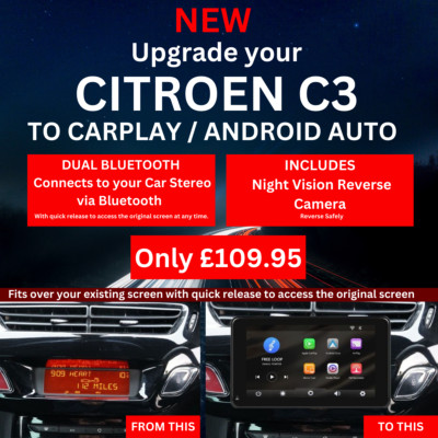 Citreon C3 Carplay/Android Auto - Fits Over Existing Screen Plus Reverse Camera
