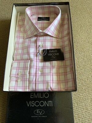 New EV Mens 100%Cotton Shirt,WithTag,Size16.5 ,White/Pink Checks.Made In Italy.