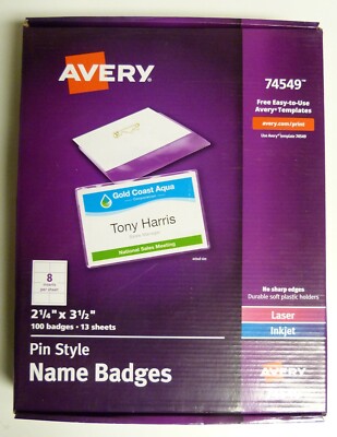 Avery Pin Style Name Badges, Printable, 100 Badge,  2-1/4'' x 3-1/2'',  White, NEW