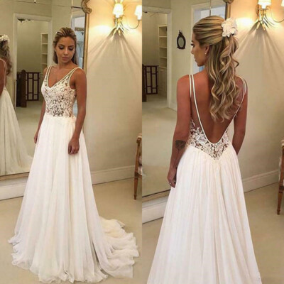 Chiffon Wedding Dresses Sexy Backless V Neck Lace Appliques Beach Bridal  Gowns | eBay