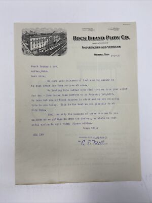 1916 Rock Island Plow Co. Letterhead Advertising Heider One Man Tractor Farming