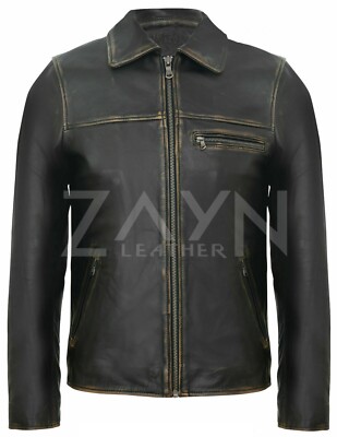 Herren Vintage Distressed Leder Biker Jacke Rub Off Leder Verblasst Racer Mantel