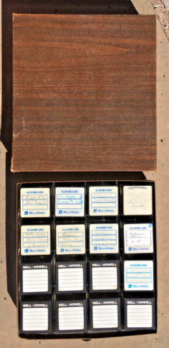16 cubos deslizantes Bell & Howell en estuche de biblioteca caja de cartón grano de madera - Imagen 1 de 2