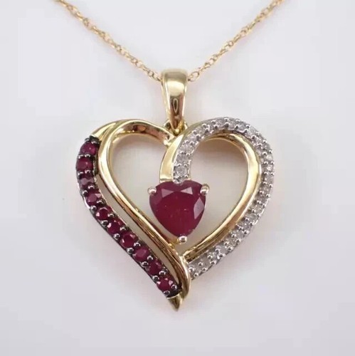 14k Yellow Gold Plated 2Ct Round Cut Lab-Created Red Ruby Women's Heart Pendant - Picture 6 of 7