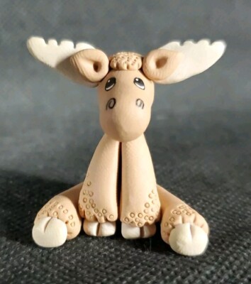 1.5' Mini Polymer Clay Moose Figurine Highly Detailed Animal Sitting Singed **