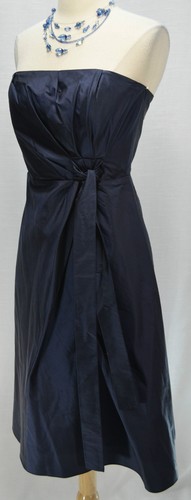 NWT $178 TALBOTS Navy Blue strapless pleat DOUPIONI SILK DRESS cocktail Dress 4 - 第 1/5 張圖片