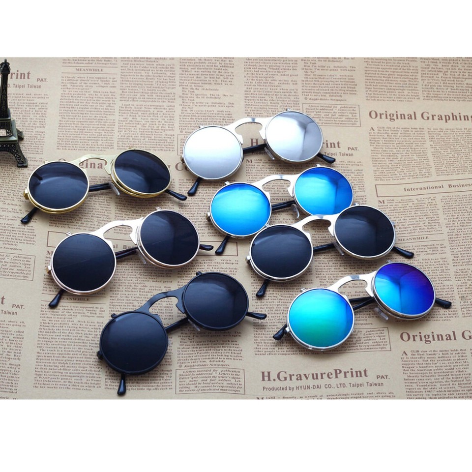 Round Polarized Coating Mirror Sunglasses Metal Frame Antique Up