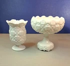 2 Vintage Westmoreland Old Quilt Milk Glass 7" Compote Bowl & 6.5" Vase Footed
