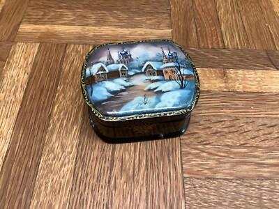 Vintage Fedoskino Hand Painted Russian Lacquer Box Winter Scene Signed by Artist