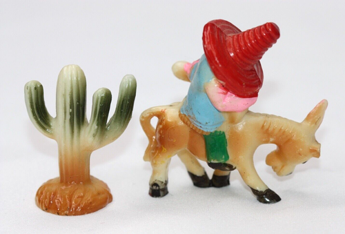 Vintage Hong Kong Plastic Mariachi Sombrero Man on Donkey & Cactus Cake Toppers - Picture 2 of 12