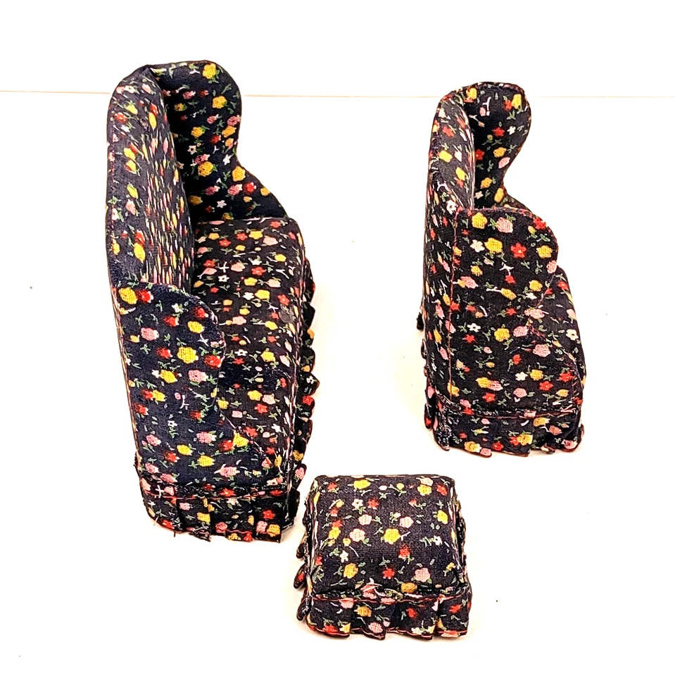 Sofá Silla Otomana Casa de Muñecas Respaldo Alto Azul Oscuro Floral Madera Tradicional De Colección Foto 2 de 4