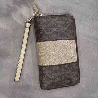 Michael Kors Signature Brown Gold Glitter Stripe Wristlet Zip Wallet MK