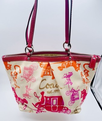 COACH Y2K CREAM PINK ORANGE POPPY HORSE AND CARRIAGE CANVAS SHOULDER BAG PURSE