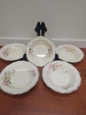 5 Taylor Smith Taylor China Fruit Bowls Wild Briar Rose Embossed Platinum Rim 5''