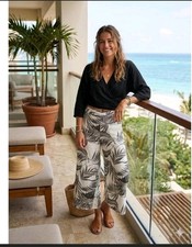 Tahari Women's 100 Linen Leaf Print Cropped Wide-Leg Pants Sz L