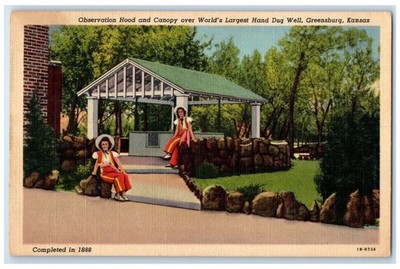 Observation Hood Canopy Hand Dug Well Greensburg Kansas KS, Woman Scene Postcard