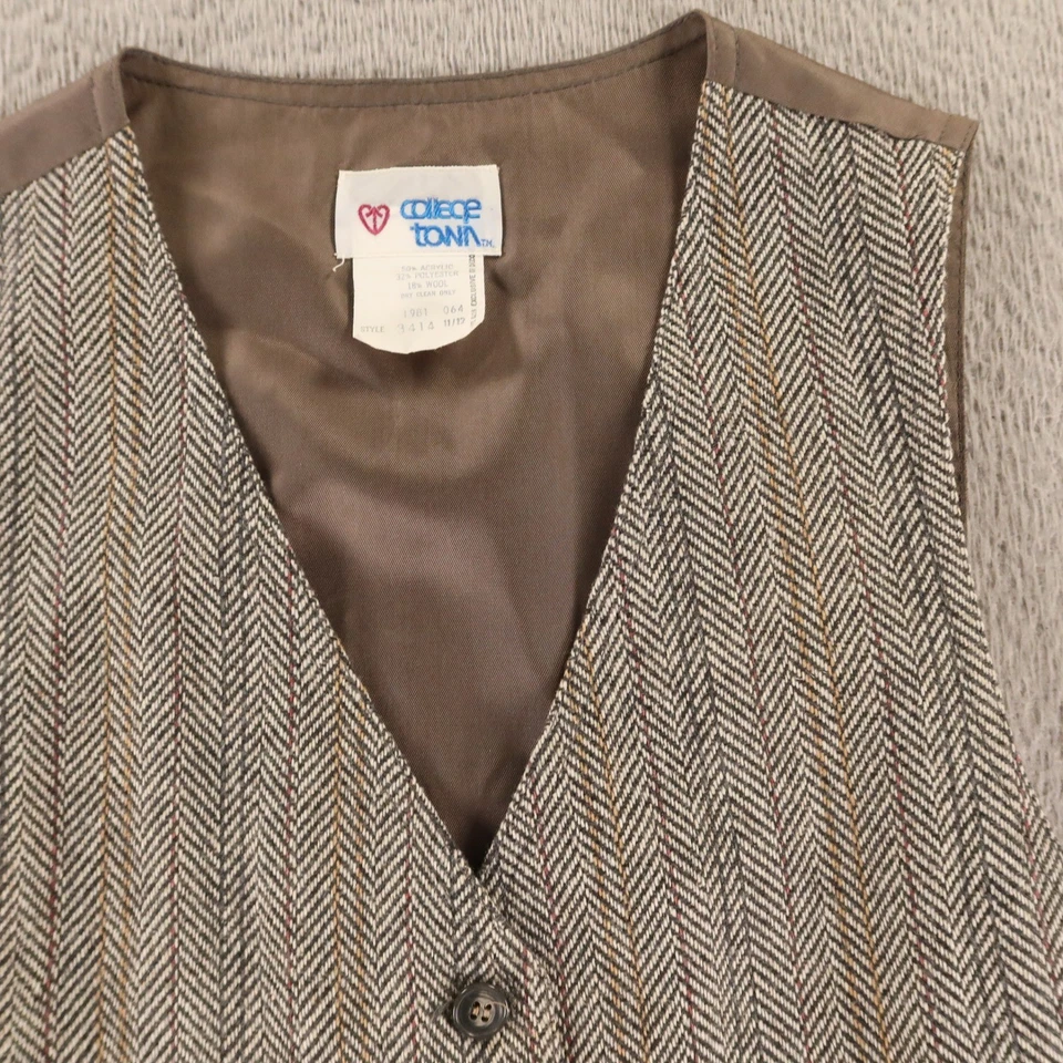 VTG Tweed Vest S 38R Gray Brown Tan Herringbone Wool Blend 80s 1981 - Image 2 of 4