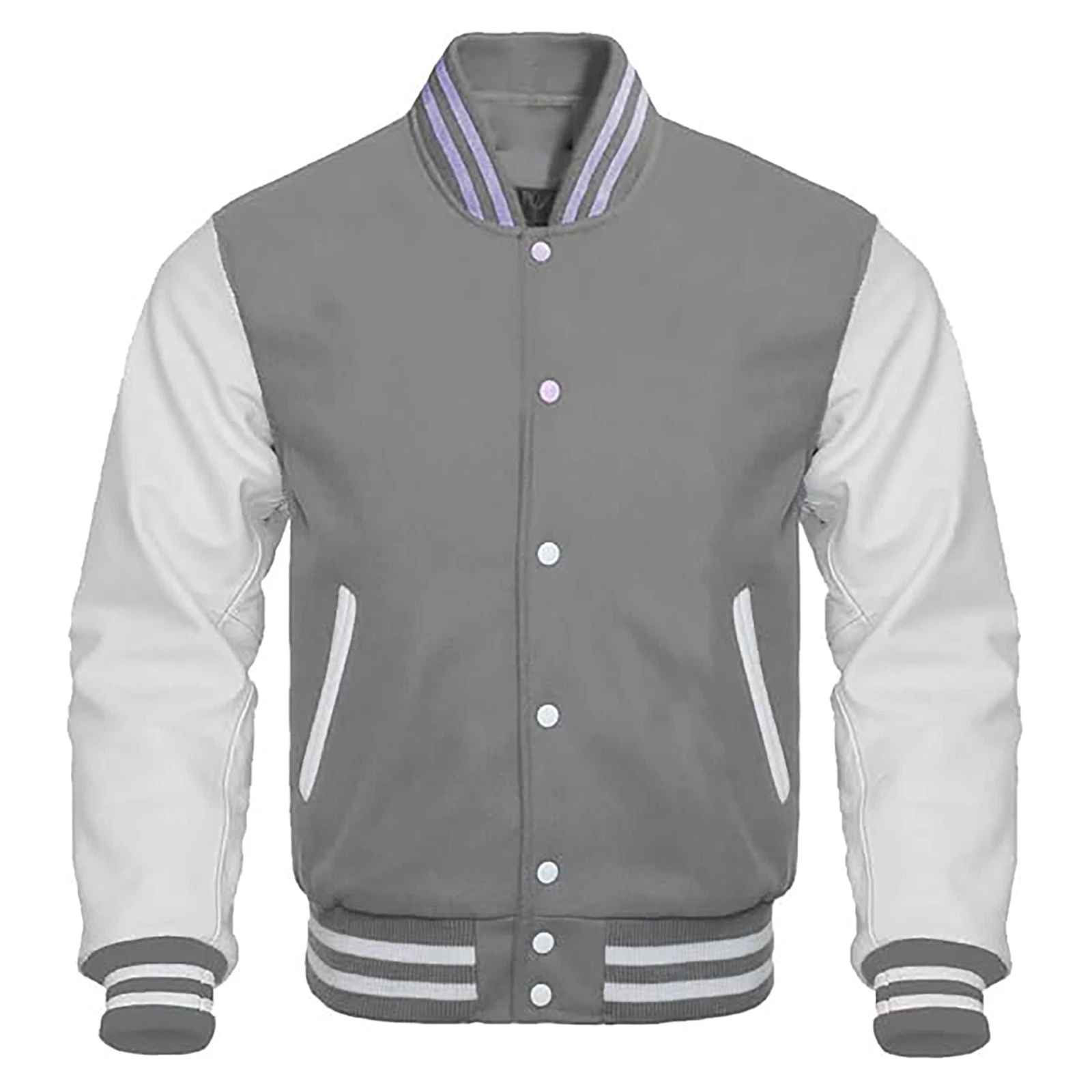 Premium Letterman Varsity Jacket Grey & White Wool Body Genuine Leather Sleeves