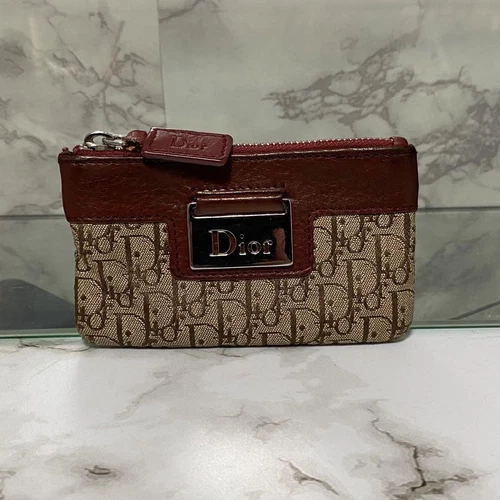 Christian Dior Coin Case Trotter Logo Wine Red Coin Purse Used Free Shipping