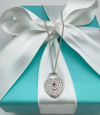 Authentic Tiffany Platinum Pave Diamond Heart Lock 16 in. Pendant Pt 950 Small