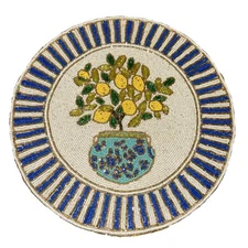Tahari Beaded Tuscan Lemon Tree In Pot Sparkly Blue & Gold Placemat Charger New