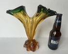 Vintage MURANO Epergne Double VASE Italian Handblown Glass Green & Topaz Yellow