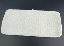 Vintage Richere White Beaded Evening Bag Clutch Purse Hand Japan w/Mirror