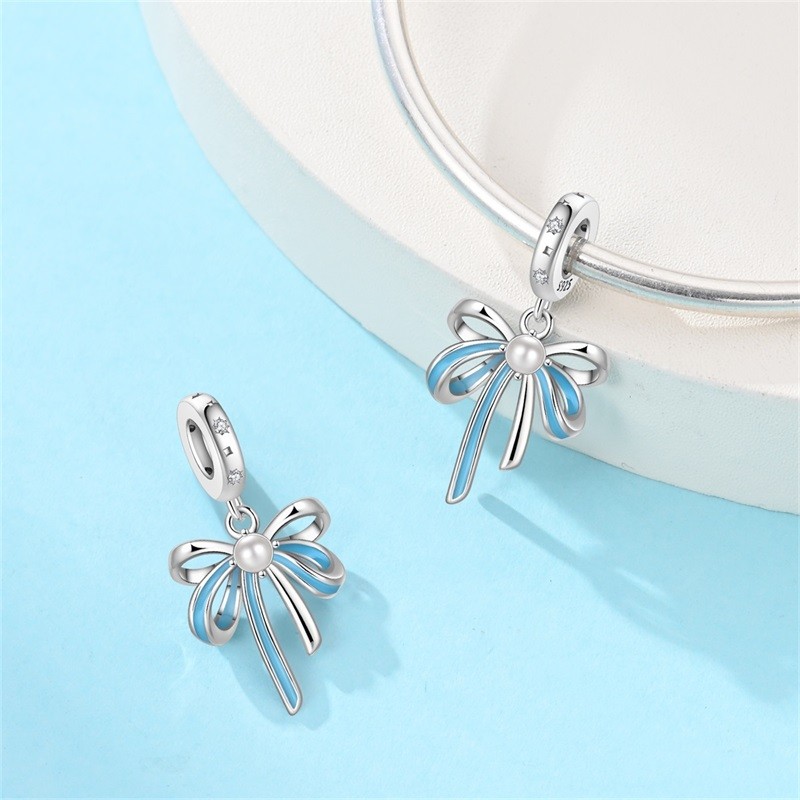 KUNSIR 925 Sterling Silver Charm Blue Bow Dangle Pendant For Bracelets Charm DIY
