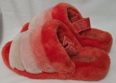 UGG Fluff Yeah Slide Shearling Slippers Women's 9 Red Pink White Striped 1097169